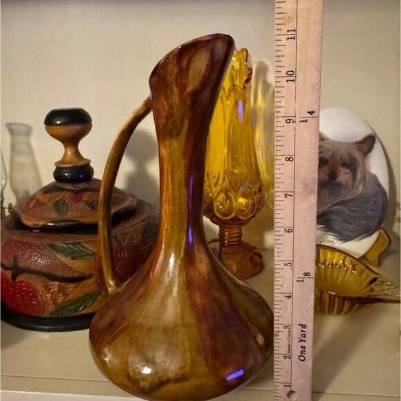 Vintage Hathaway Pottery Brown Glaze Pitcher Vase Curve Handle MCM Rare Signed - Picture 4 of 12